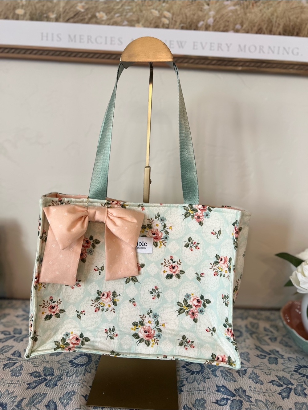 Joie by Hollie (handmade) Floral Bow Tote Bag in Mint and Peach🌷 $65 Firm